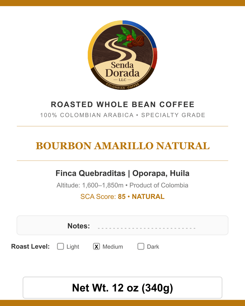 Q18 Bourbon Amarillo Natural — Senda Dorada label