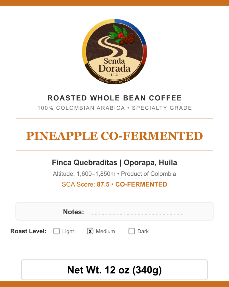 Q20 Pineapple Co-Fermented — Senda Dorada label