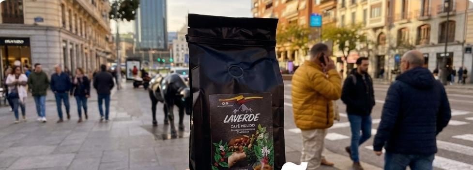 A bag of our Colombian coffee on Gran Vía in Madrid, Spain